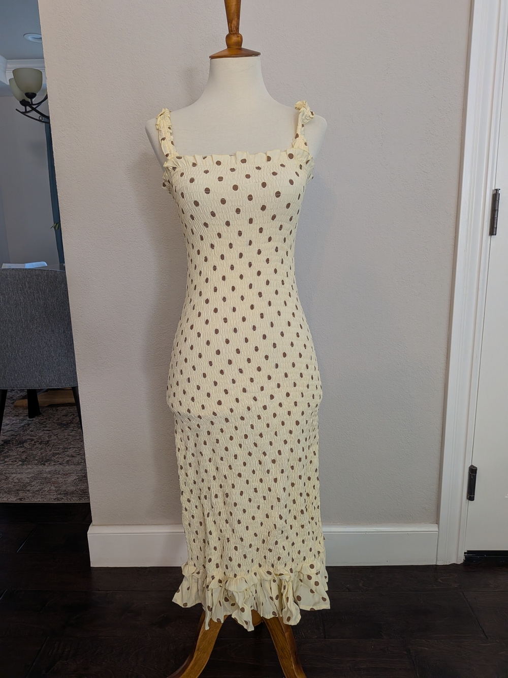 Faithfull the Brand Nadine Cream Polka Dot Smocked Midi Dress